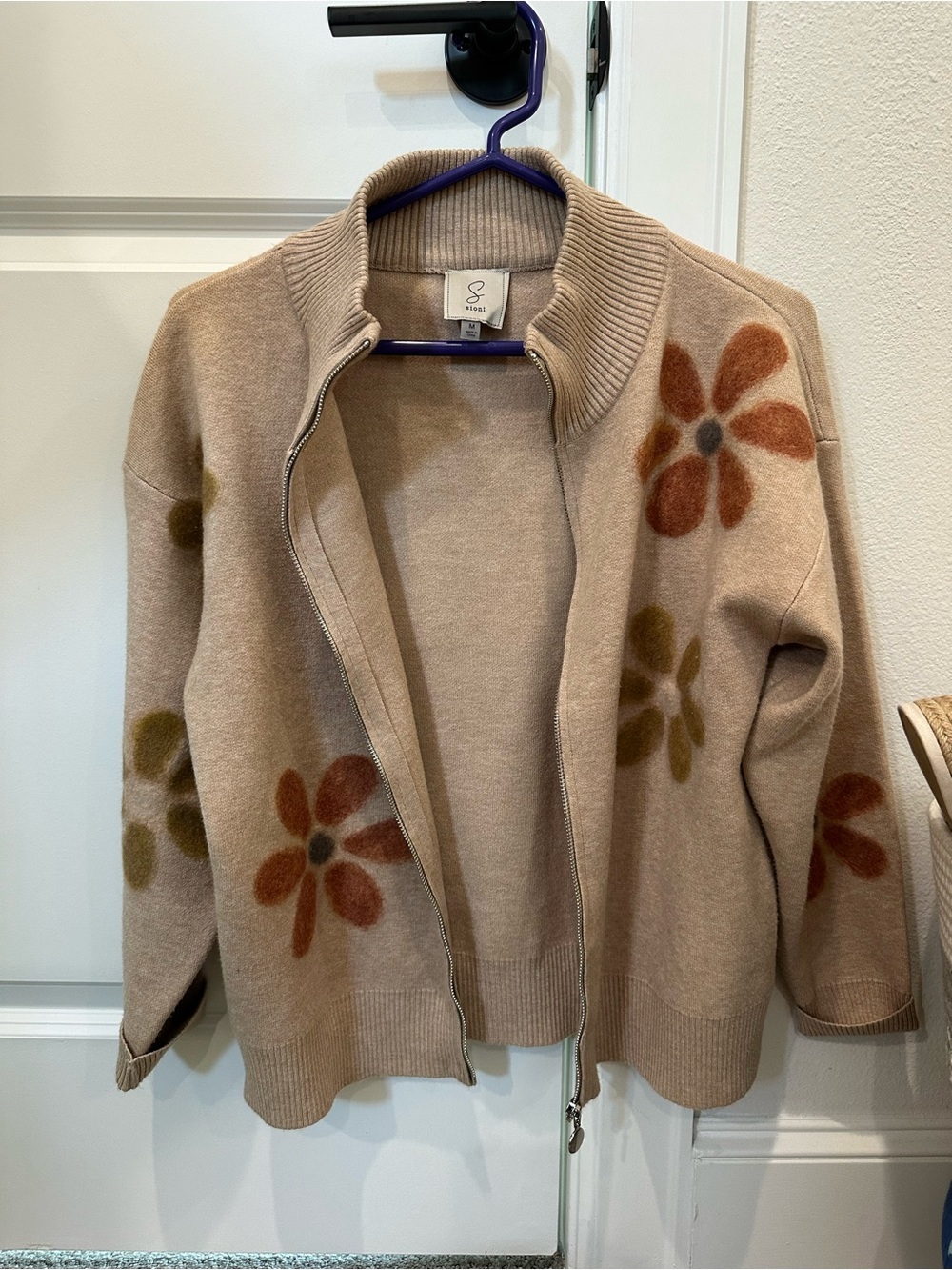 Sioni Beige Zip-Front Floral Cardigan with Rust & Olive Flowers